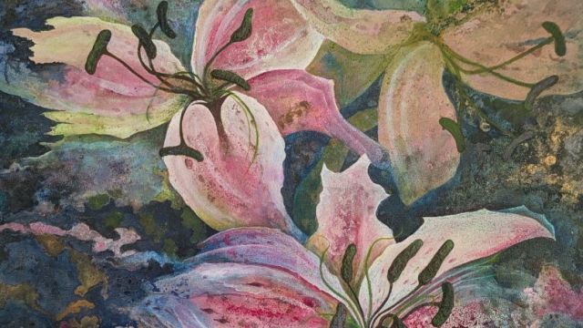 <strong>Lilies</strong><br/>Acrylic paint on canvas 92cm x92cm un framed £500